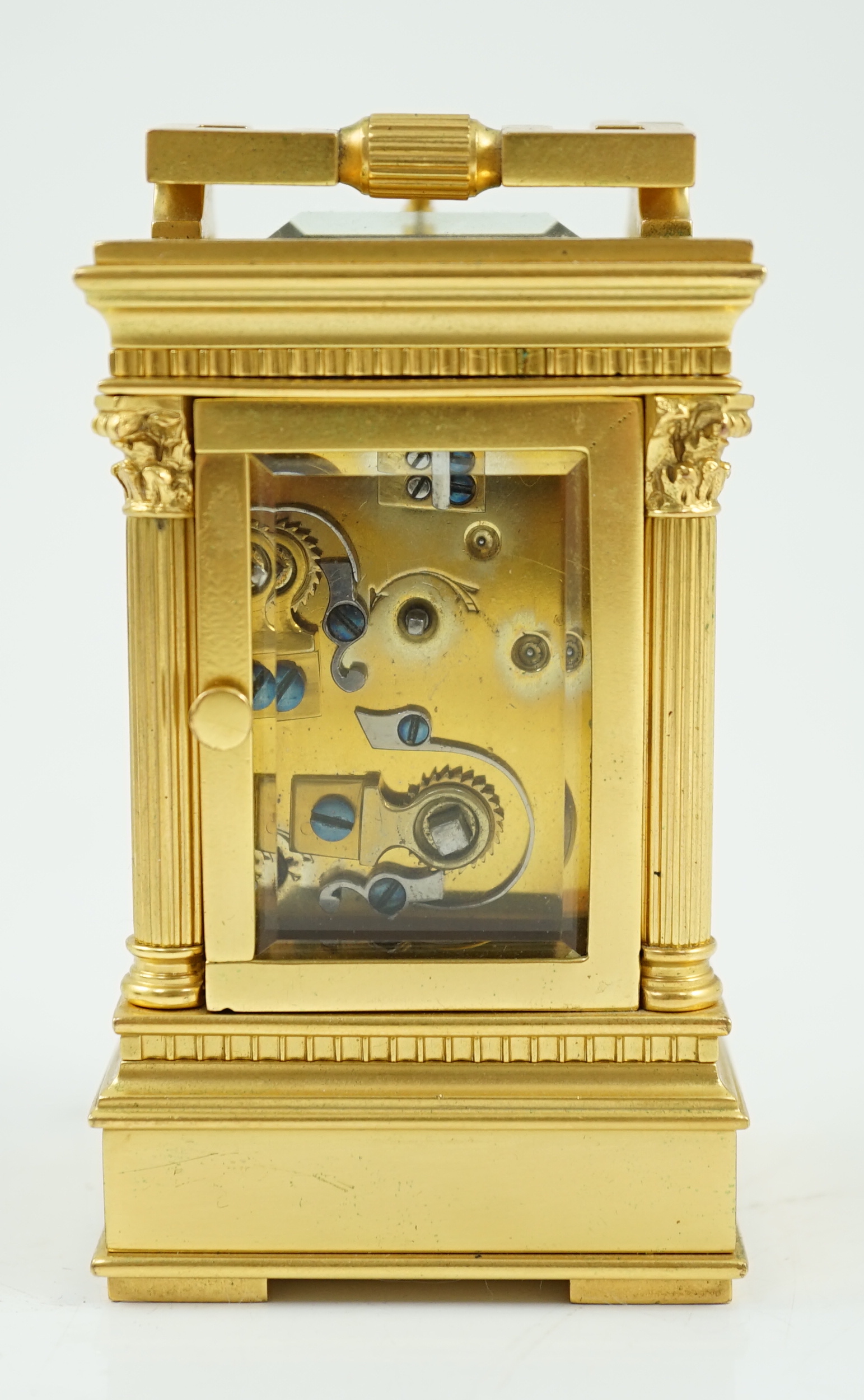 Le Roy & Fils, Palais Royale, Paris. A late 19th century French hour repeating miniature carriage alarum clock, 5cm wide, 4.5cm deep, 9.25cm high